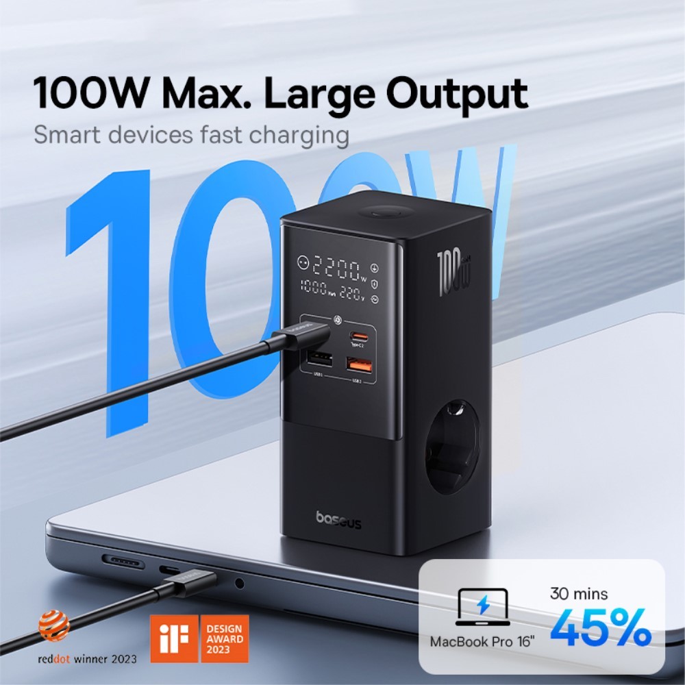 Prizë tavoline Baseus Powercombo Tower, 2x AC 4x USB, 100W, e zezë