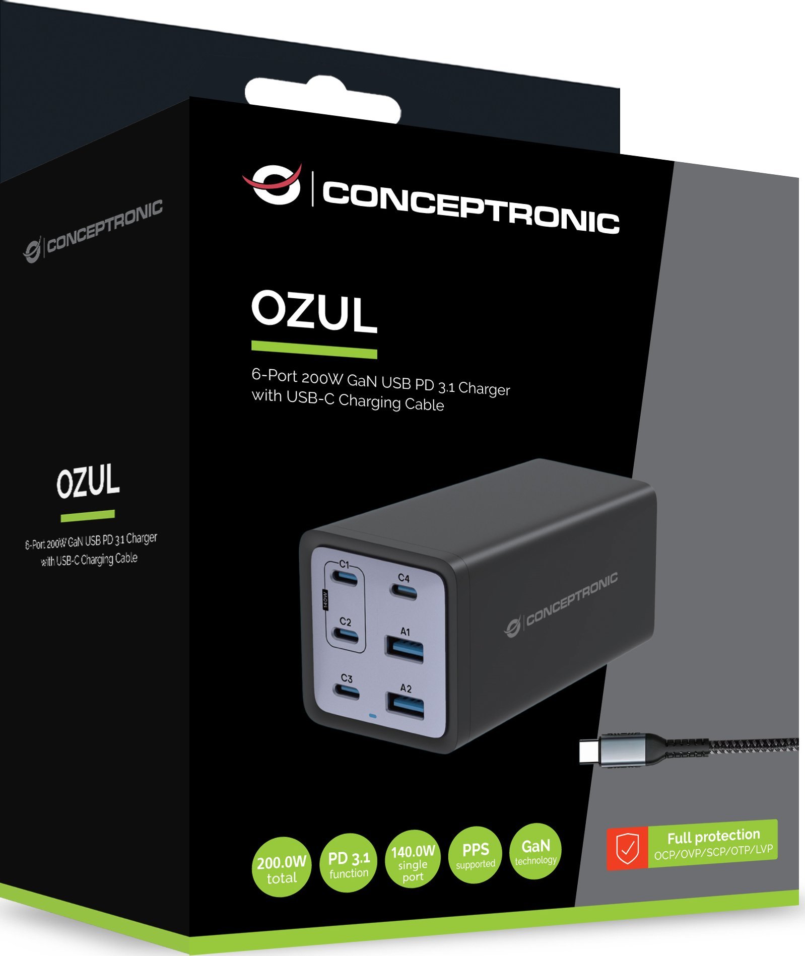 Karikues shumëportësh Conceptronic Ozul06be, 6 porta, 200W GaN, i zi