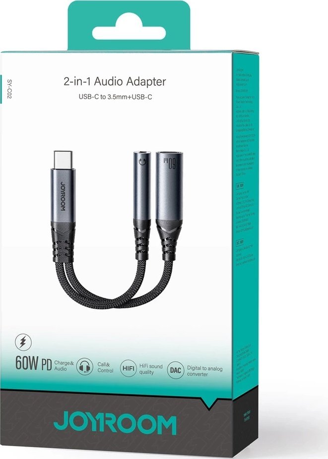 Adapter USB C Joyroom SY C02, 2 në 1, 1x USB C 60W, 1x Jack 3.5 mm, i zi