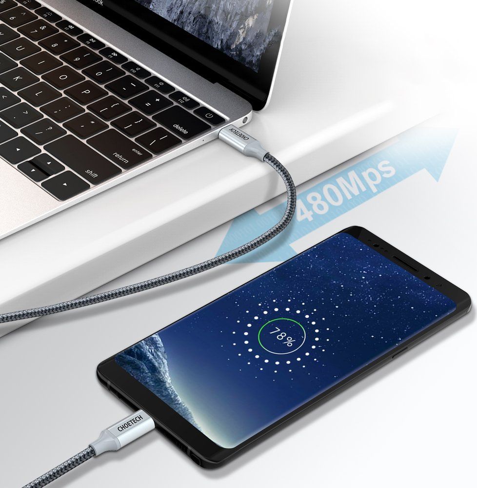 Kabull USB Choetech, USB C në USB C, 1.8 m, 100 W, argjendtë