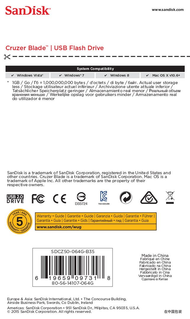 USB SanDisk Cruzer Blade, 64 GB, USB Type-A