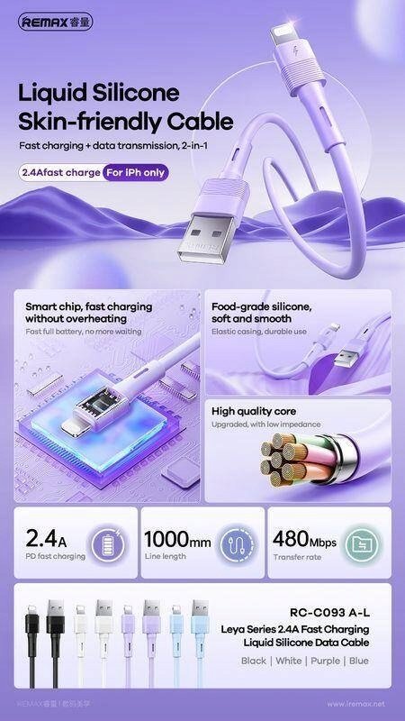 Kабел за полнење Remax Leya Series RC-C093, USB во Lightning, 1m, 2.4A, бел