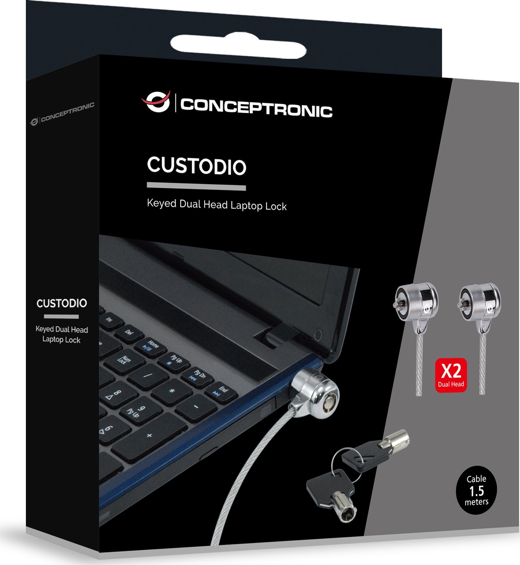 Bravë sigurie për laptop Conceptronic CNBSLOCK15T, kabllo 1.5m, dy koka, me çelës
