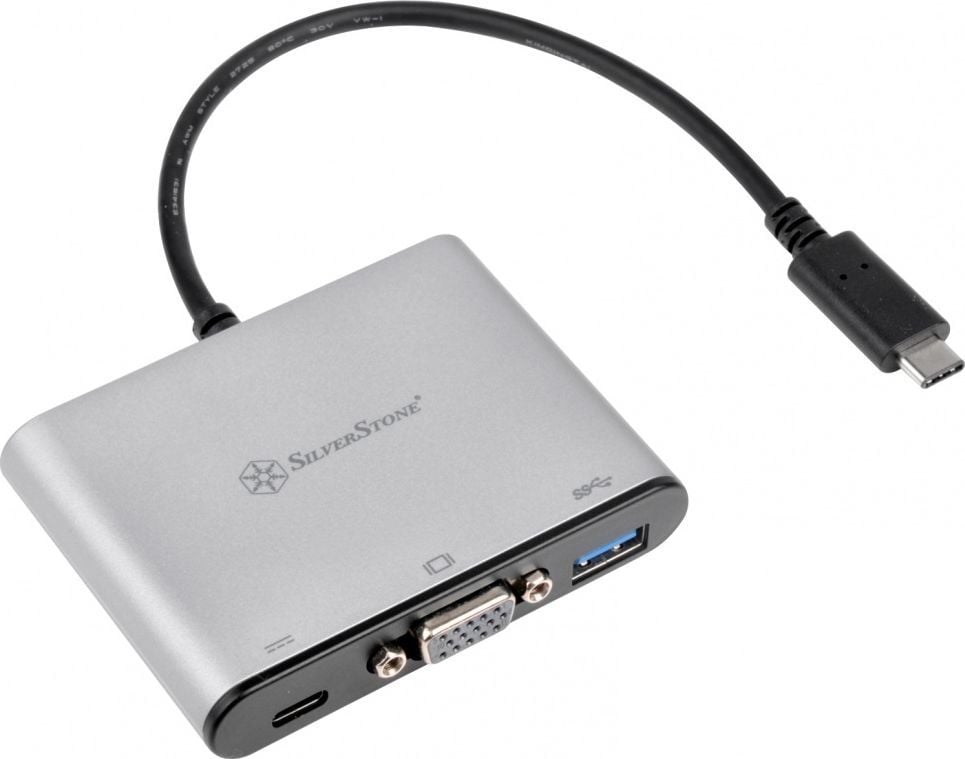 Adapter USB C SilverStone EP06C, VGA, USB A, gri
