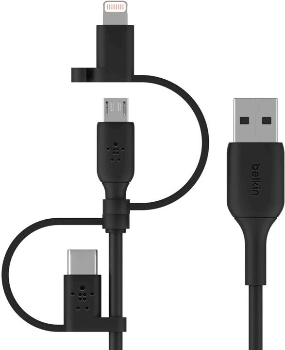 Kabllo universale Belkin 3në1, USB-A - microUSB + Lightning + USB-C, 1m, e zezë