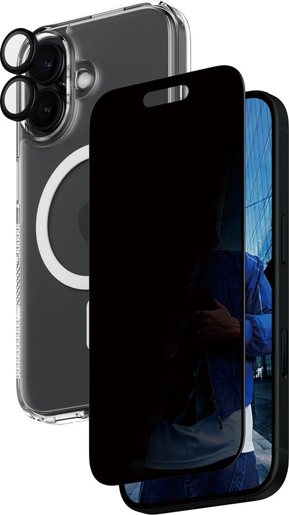 Set mbrojtës CARE by PanzerGlass për iPhone 16, xham privatësie, mbrojtje kamere, HardCase transparent