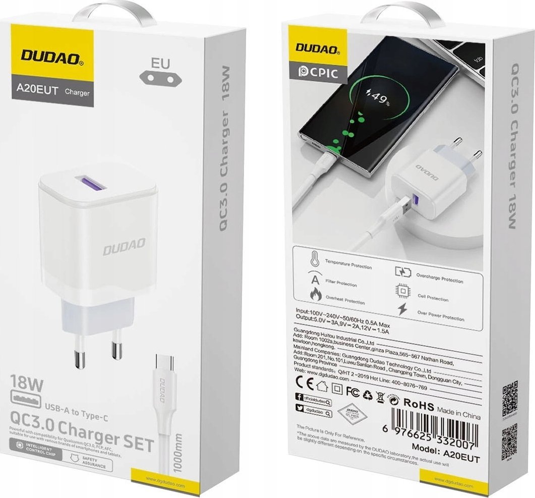 Полнач за мрежа Дудао A20EU, USB-A 18W, кабел USB-A во USB-C, бел