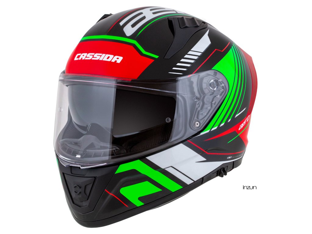 Helmetë moto CASSIDA Aero Drome 2026, integrale, polikarbonat, e zezë metalike kuqe gjelbër bardhë