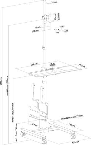 Karrocë mobile për kompjuter Neomounts FPMA-MOBILE1700, për monitor deri 32", rregullim lartësie, gri