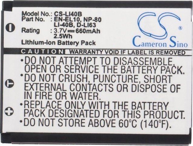 Bateri për aparat fotografik Cameron Sino CS-LI40B, 660mAh, Li-ion, e zezë