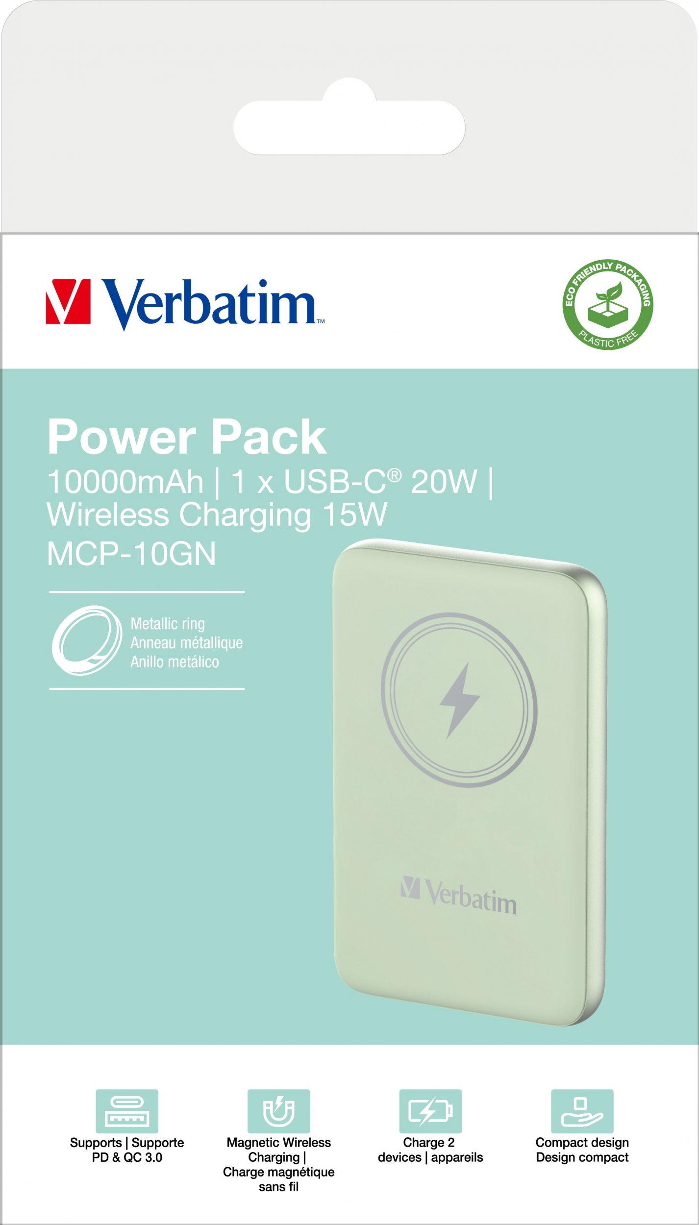 Power bank Verbatim Charge n Go Magnetic, 10000mAh, karikim wireless 15W, i gjelbër