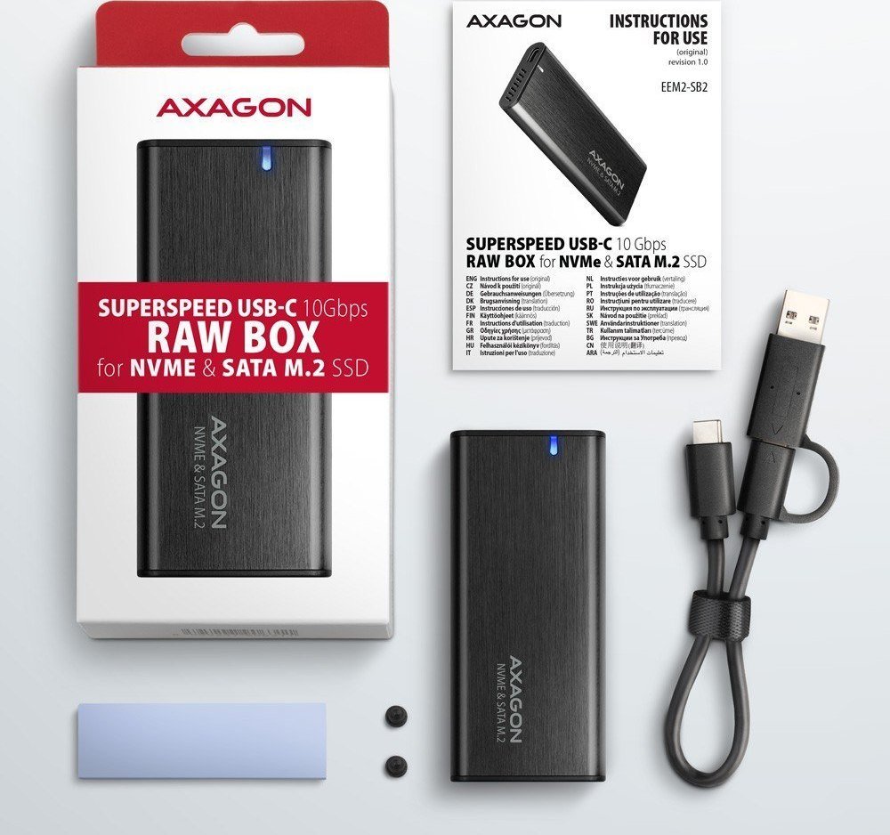 Надворешно куќиште SSD Axagon EEM2-SB2, USB C 3.2 Gen 2, M.2 NVMe SATA, алуминиум