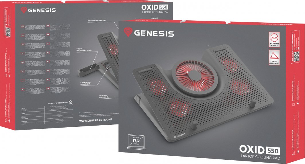 Држач за ладење Genesis Oxid 550 за лаптопи 15.6-17.3", 5 вентилатори, позадинско осветлување, 1 USB (NHG-1411), црна, пластика