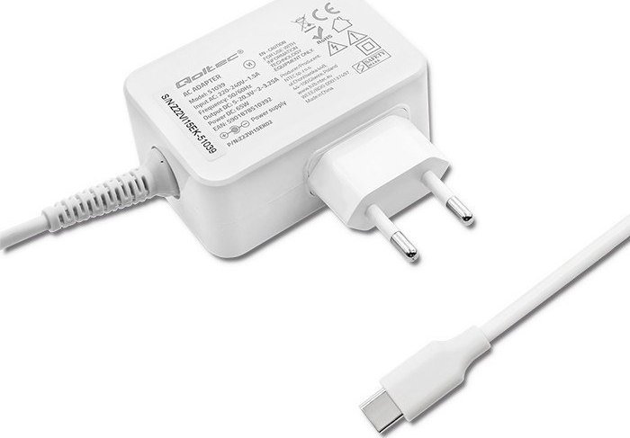 Adapter karikues Qoltec 51039, 65W, USB Type C, i bardhë