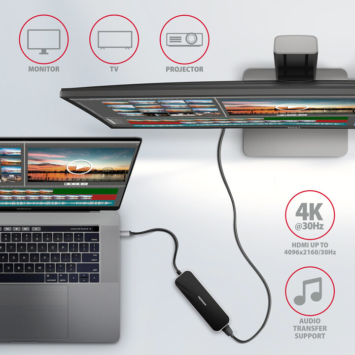 Hub shumëfunksional AXAGON 5në1 USB 3.2 Gen 1, 4x USB-A, HDMI, PD 100W, kabllo USB-C 20cm
