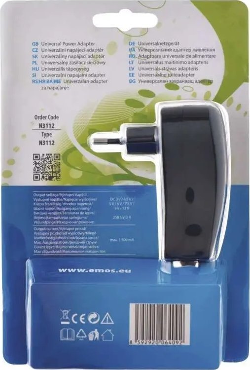 Adapter rryme Emos N3112, 3V 12V, 1500mA, me USB, i zi