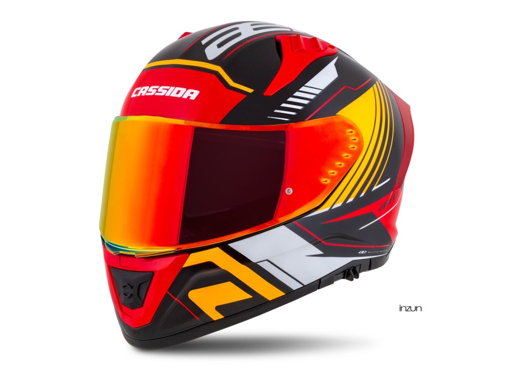 Helmetë moto CASSIDA Aero Drome 2026, integrale, polikarbonat, e zezë metalike portokalli e kuqe e bardhë