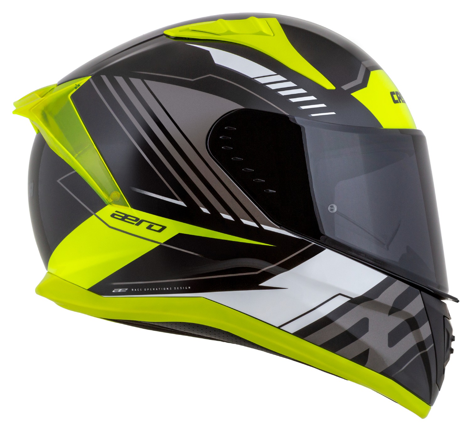 Helmë moto CASSIDA Aero Drome, integrale, me diell, e zezë verdhë fluo e bardhë gri