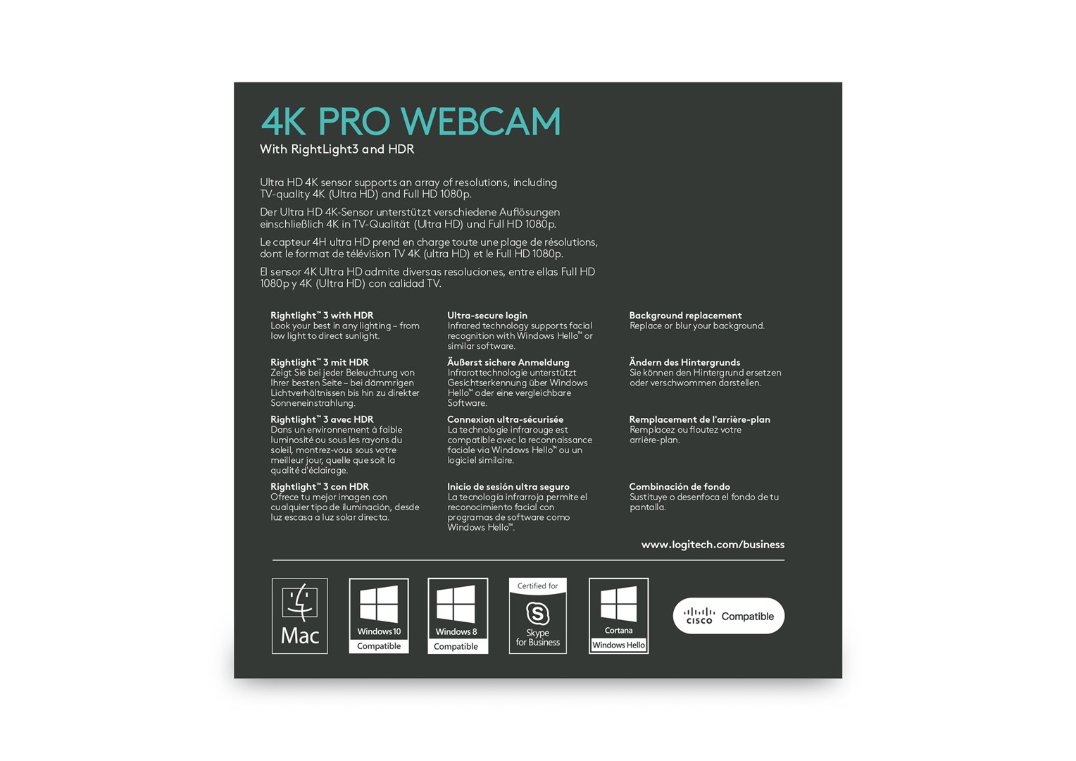 Webcam Logitech Brio, 4K, Windows Hello, e zezë