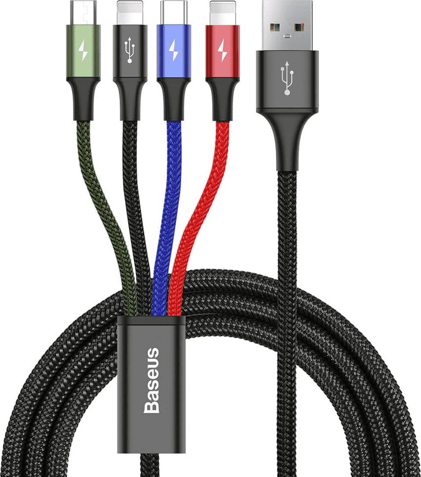Kabllo Baseus USB-A - USB-C + microUSB + 2x Lightning, 1.2m, e zezë