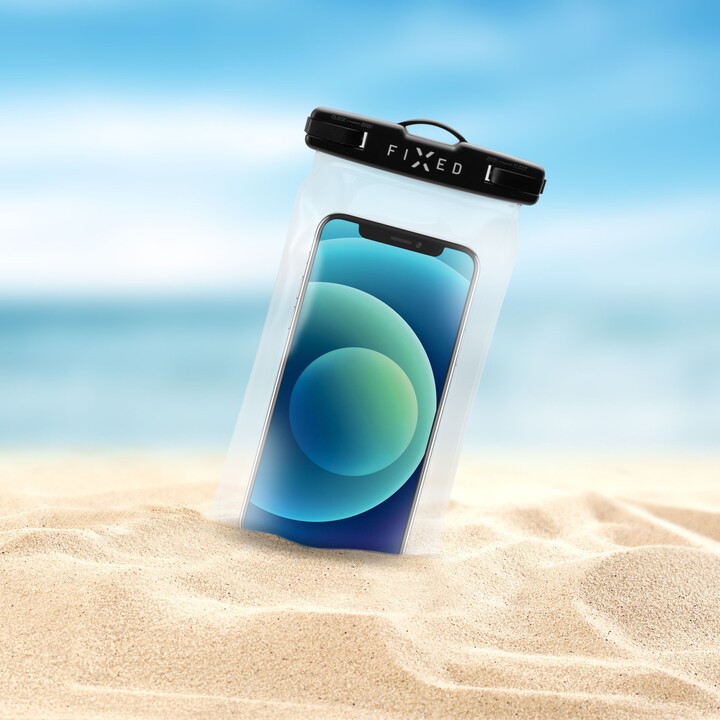 Këllëf i papërshkueshëm nga uji FIXED Float për celular, universal, IPX8, i zi