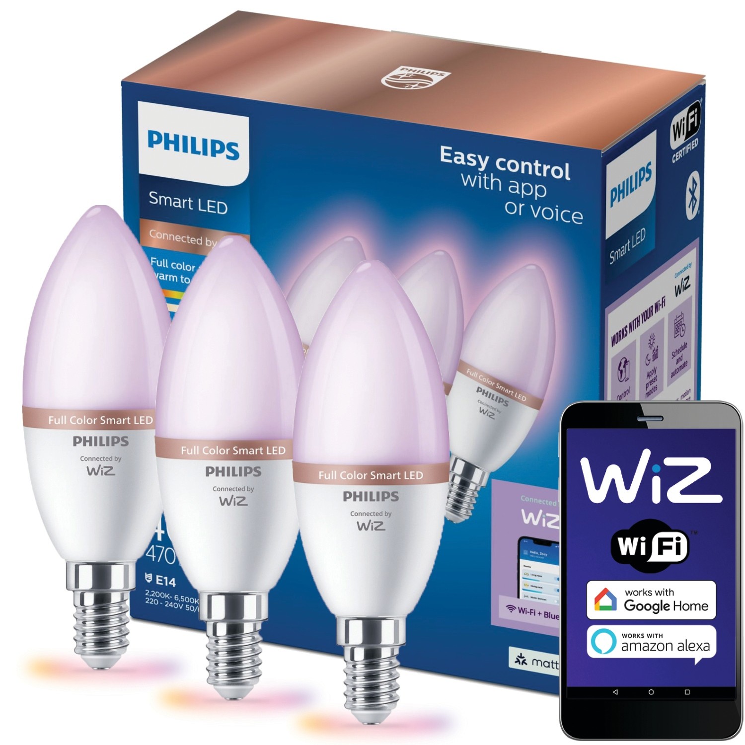 Set llamba LED Philips WiZ E14 C37, 4.9W 40W, RGB Smart WiFi, shumëngjyrëshe