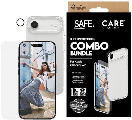 Заштитна фолија PanzerGlass SAFE CARE 3 во 1 за iPhone 17 Air, сет, транспарентна