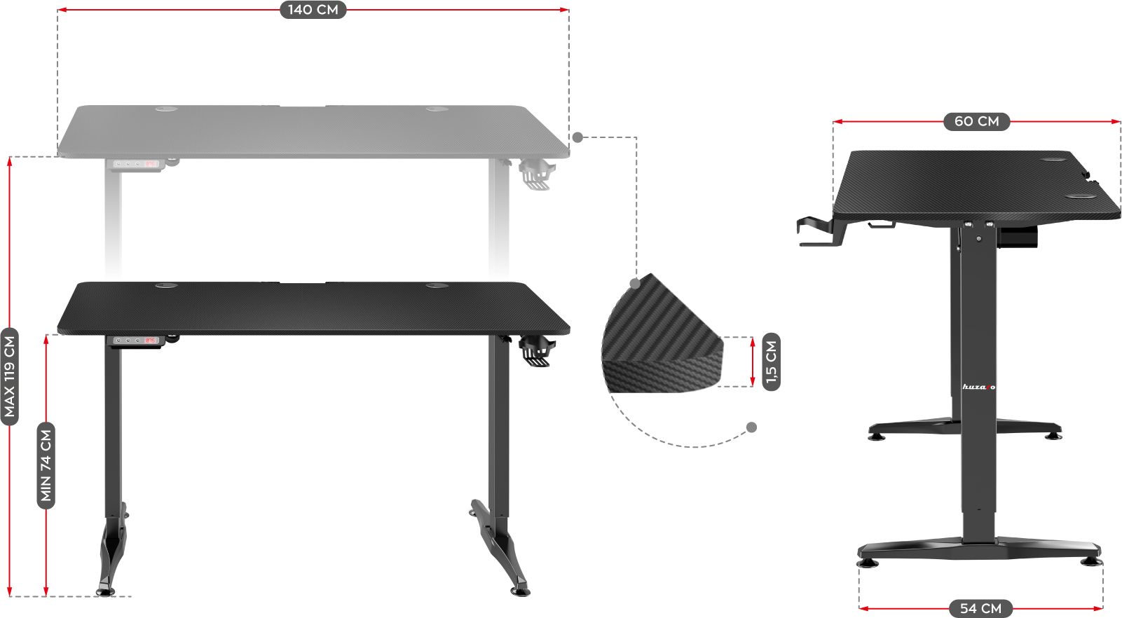 Tavolinë elektrike gaming Huzaro Hero 8.5, 140x60 cm, rregullim lartësie, e zezë
