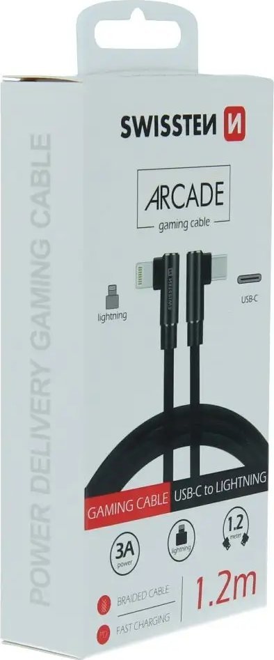 Kabllo karikimi Swissten Arcade, USB C në Lightning, 1.2m, 3A, e zezë