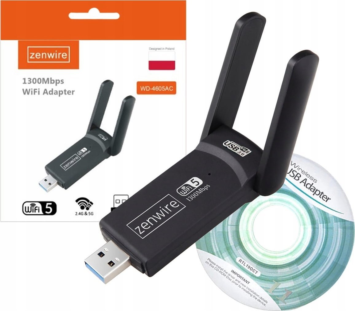 WiFi адаптер Zenwire WD-4605AC, USB 3.0, 1300 Mbps, со надворешни антени