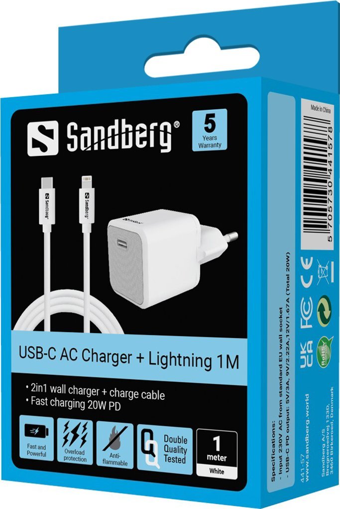 Karikues muri Sandberg USB C AC 20W, Power Delivery, me kabllo Lightning 1m, i bardhë