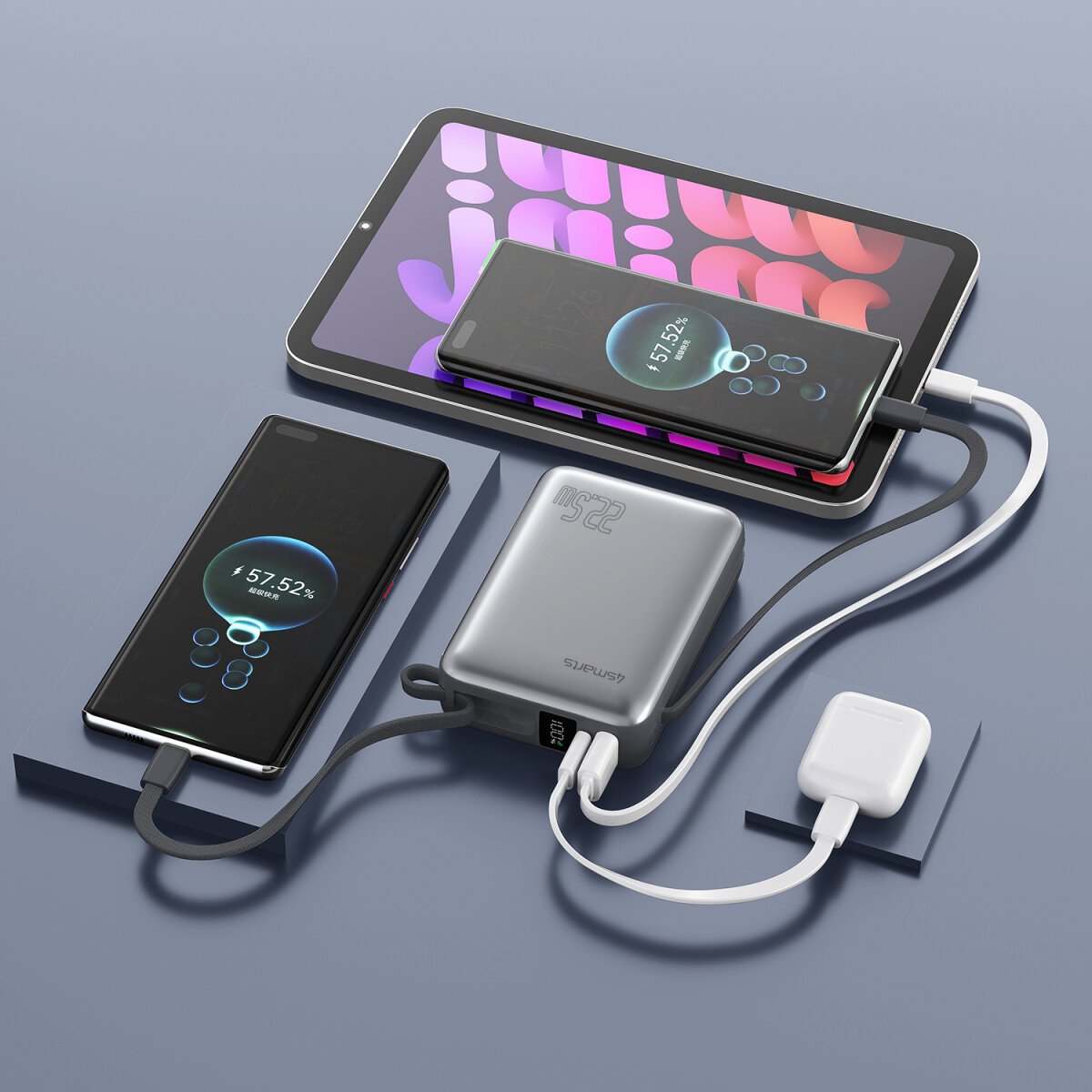 Powerbank 4smarts Pocket Dual Cord 20000mAh, 22.5W, gri hapësinor