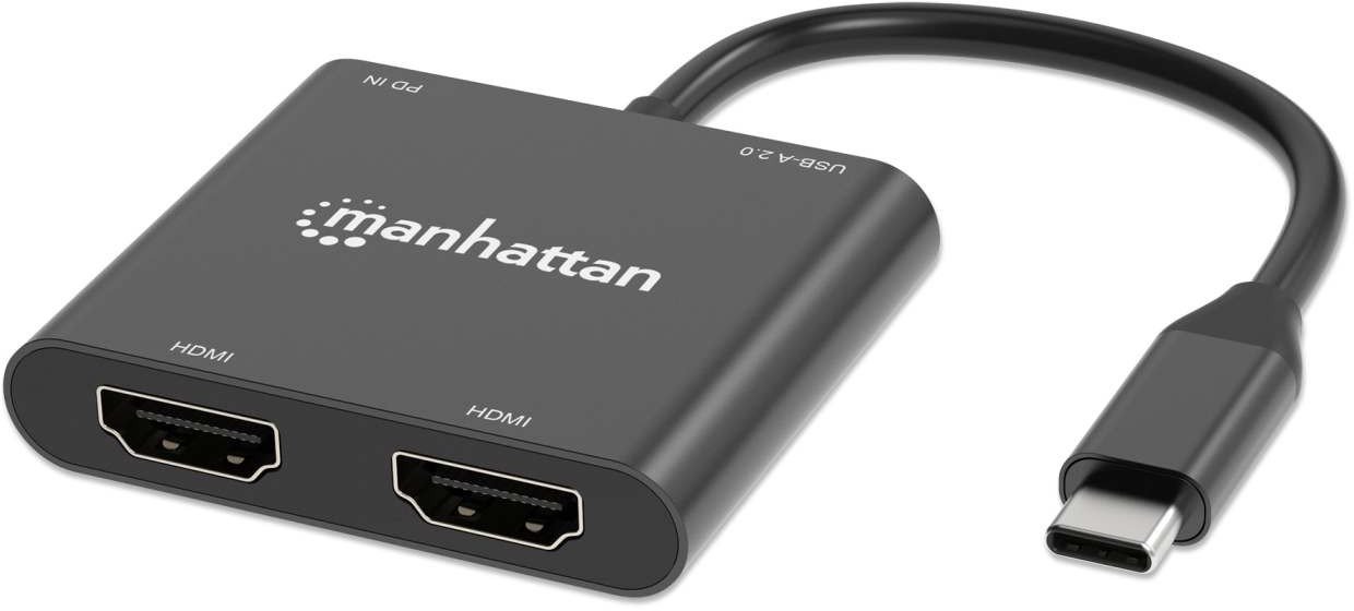 Adaptër Manhattan USB C Dual HDMI dhe USB A, 4K, Power Delivery 100W, i zi