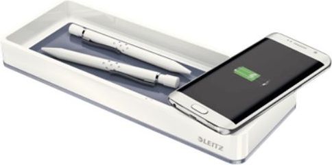 Организатор за биро Leitz WOW, со безжичен Qi полнач, металик бел