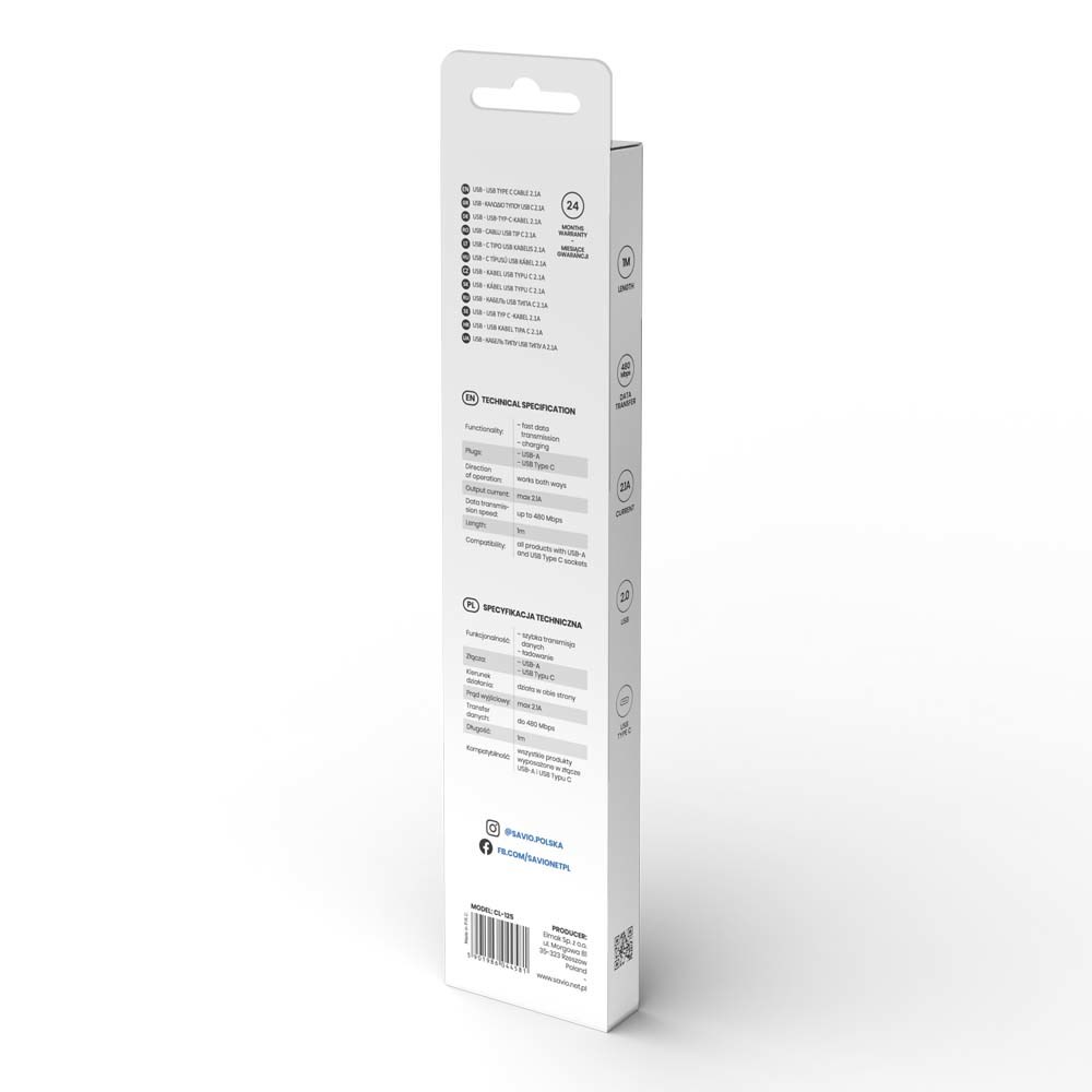 Kabllo Savio, USB A / USB C, 1 m, e bardhë