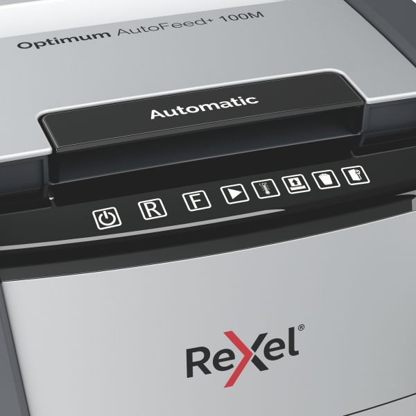 Rexel Optimum AutoFeed+ 100M Микро-сечач за документи, 34 L, P-5 (2 x 15 mm), 100-листно автоматско вметнување
