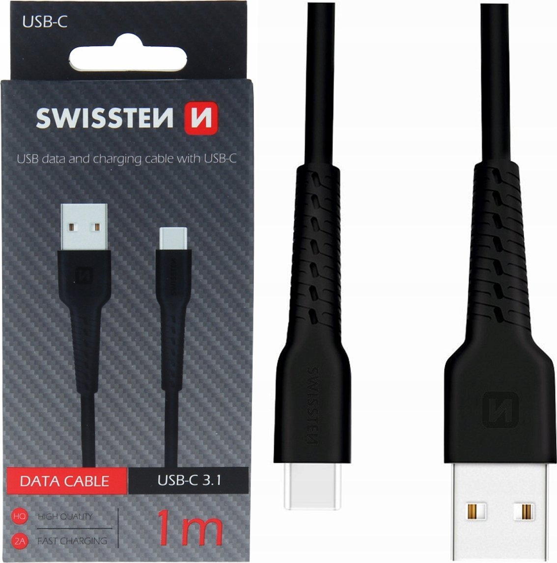 Kabllo të dhënash Swissten USB A në USB C, 1m, USB 2.0, e zezë