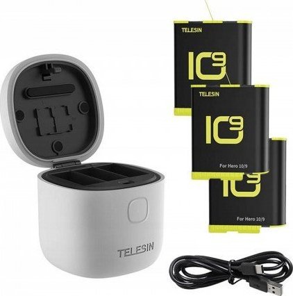 Set karikues me bateri Telesin Allin Box për GoPro Hero 9 10, 3 bateri 1750mAh, USB C, i zi