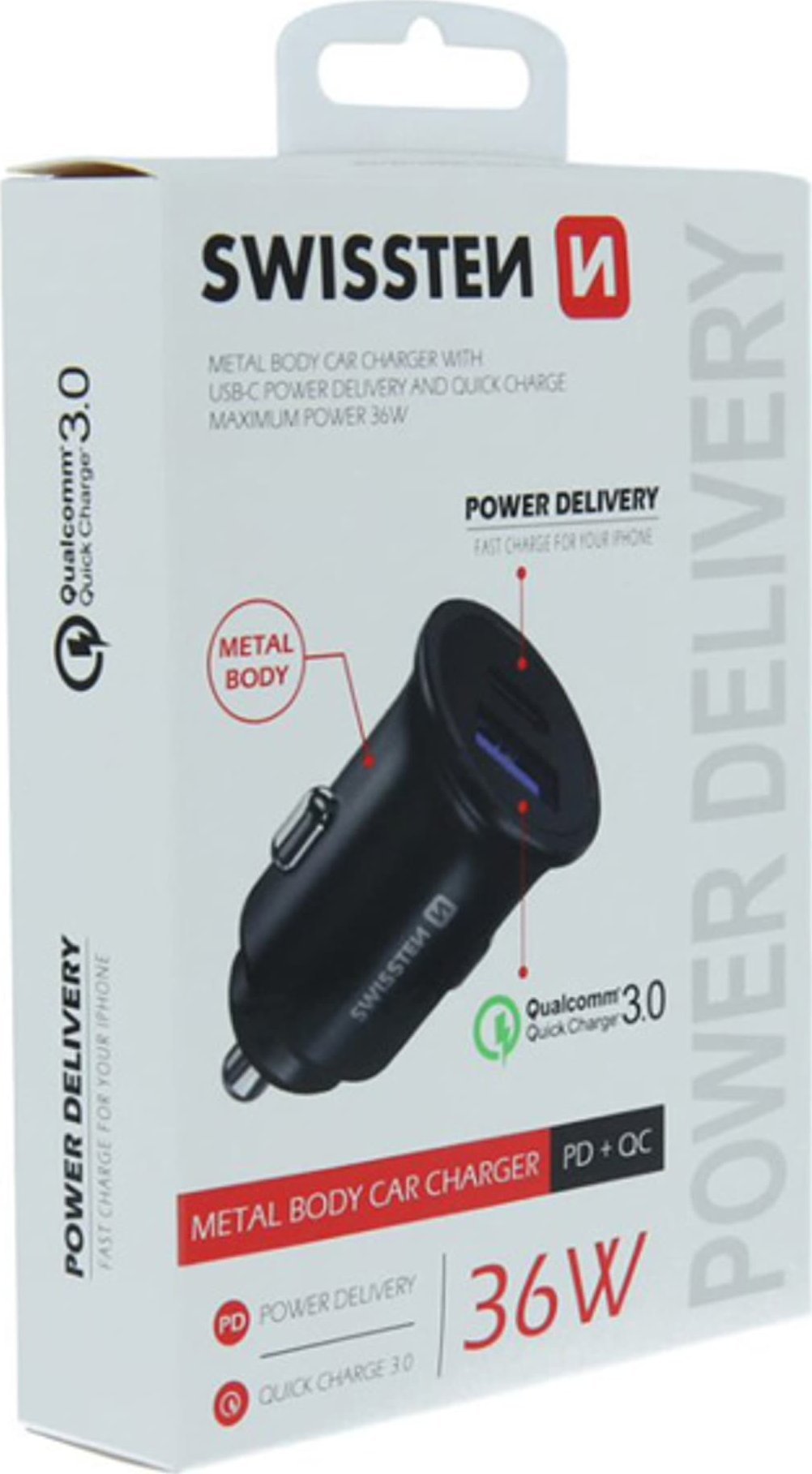 Karikues veture Swissten CL Adapter, USB-C Power Delivery, Quick Charge 3.0 36W, metalik i zi