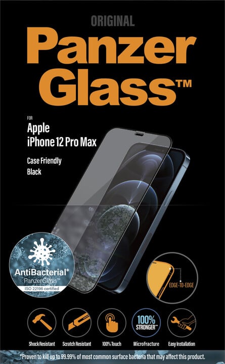[OUTLET] Xham mbrojtës PanzerGlass Edge-to-Edge për Apple iPhone 12 Pro Max 6.7", antibakterial, 0.4mm, me kornizë të zezë