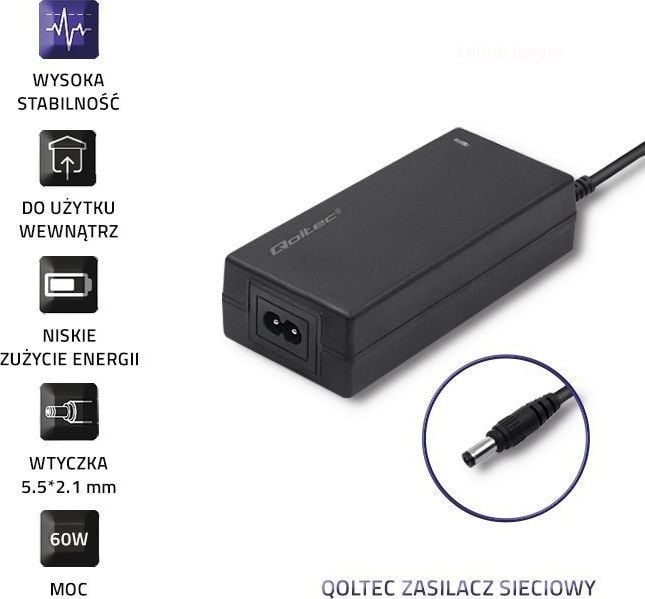 Furnizues energjie Qoltec Desktop Power Supply 60W, 12V 5A, dalje 5.5 x 2.1 mm, i zi