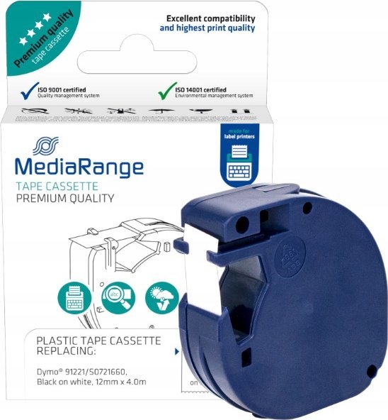 Kasetë etiketash MediaRange, 12mm x 4m, e laminuar, e bardhë me të zezë