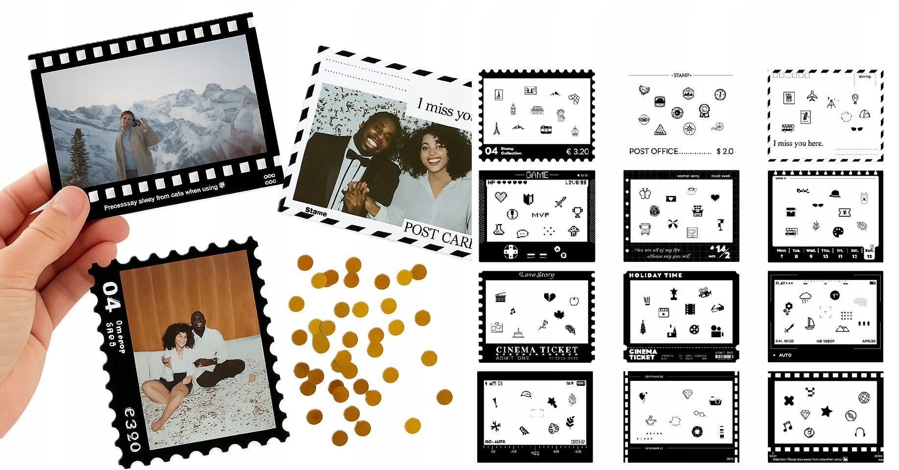 Set ngjitësish kornize LoveInstant, 12 copë, për Fuji Wide dhe Polaroid, e zezë dhe e bardhë