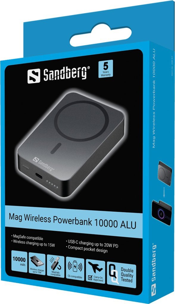 Powerbank wireless Sandberg Magnet ALU, 10000mAh, 20W, gri
