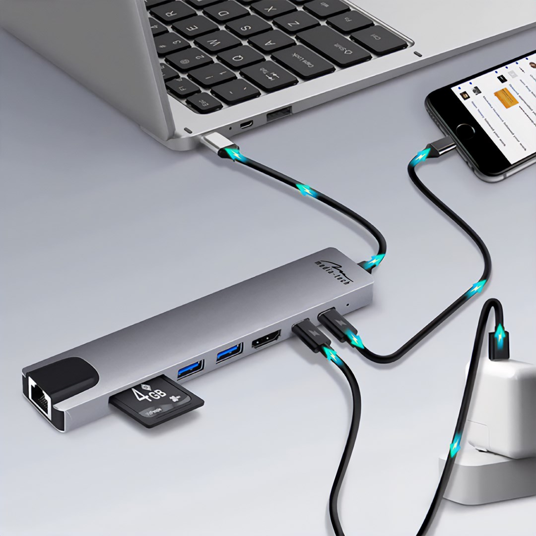 Stacion lidhës Media-Tech 8 në 1 GIGA LAN HUB MT5046, i hirtë
