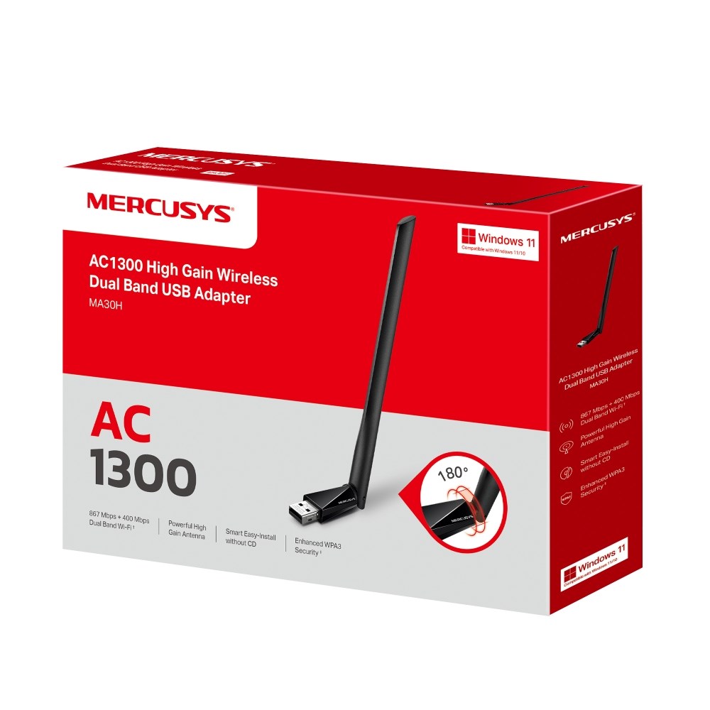 Përshtatës Wi-Fi Mercusys MA30H AC1300, USB, e zezë