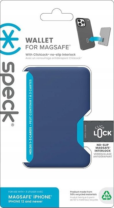 Portofol MagSafe Speck Wallet me ClickLock, 1 3 kartela, blu Coastal Space
