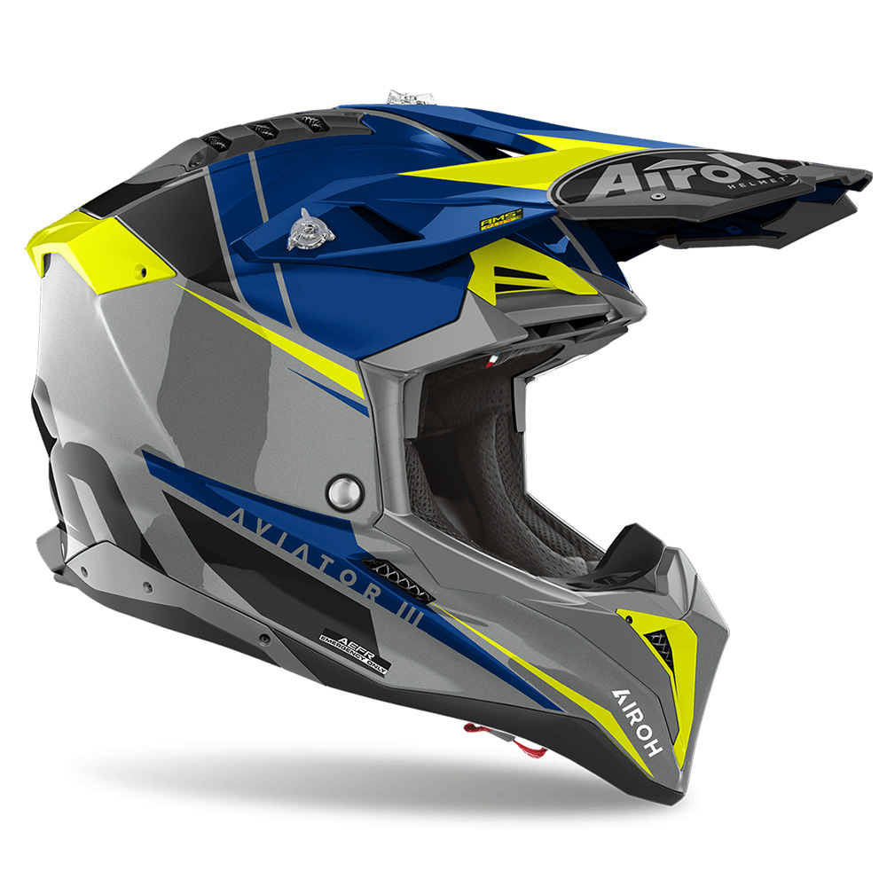 Helmetë motocross Airoh Aviator 3 Push, fibra karboni, madhësia L, gri blu neon e verdhë e zezë