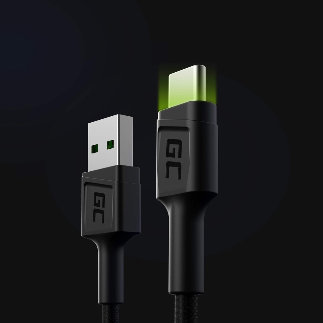 Kabllo USB-C Green Cell Ray, 1.2m, LED, e zezë