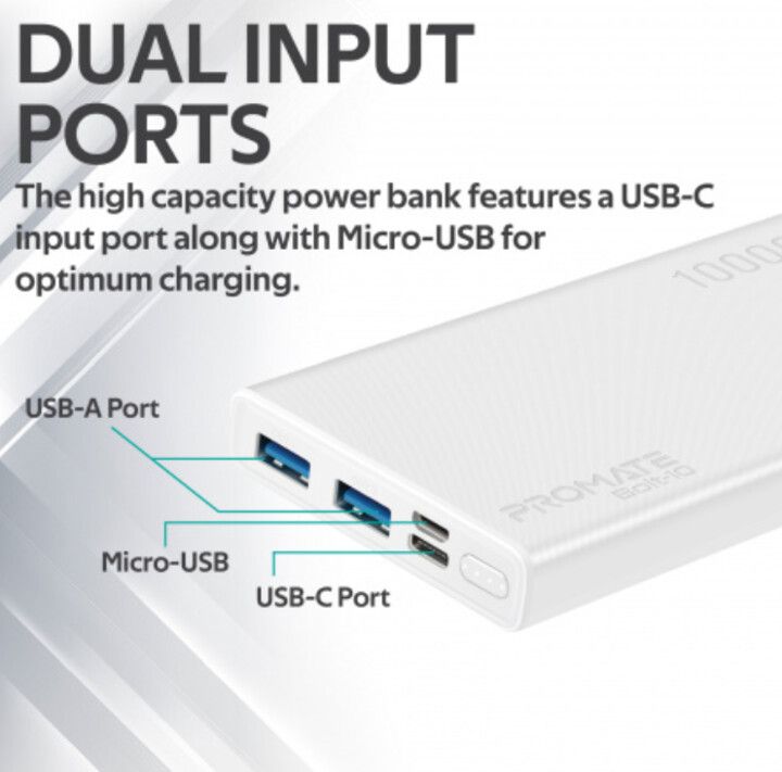 Powerbank Promate Bolt-10, 10000mAh, 2xUSB, 1xUSB-C, Fast Charge, i bardhë